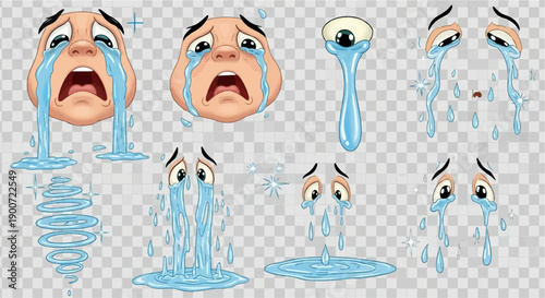 Sad cartoon faces with streams of tears and water effects