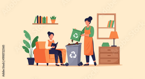 Person reading while another sorts waste into a recycling bin