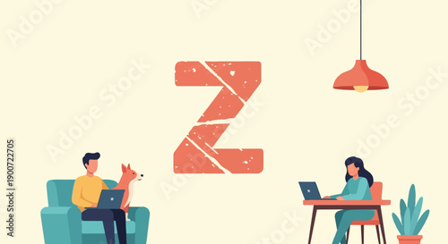 People working at home near a large textured letter Z