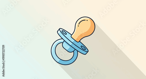 Stylized illustration of a baby pacifier with a blue ring and orange nipple