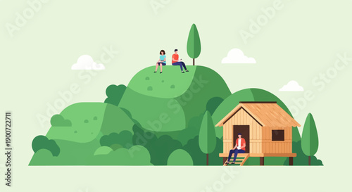 Rustic wooden hut nestled amidst rolling green hills with people relaxing