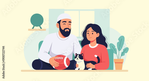 Smiling couple with a cat and football, indoor illustration