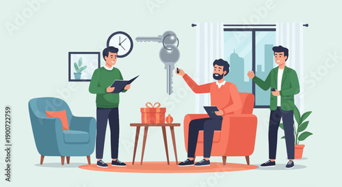 Three men exchanging keys and a gift in a living room