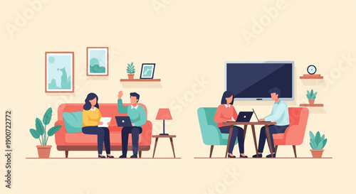 People working and studying in a modern living room setting