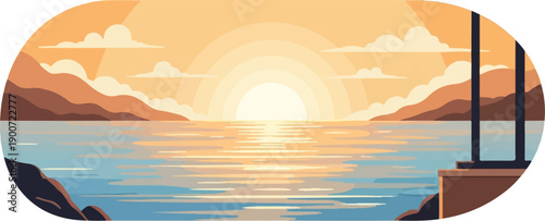Pixelated sunset over calm water with distant hills and a dock structure