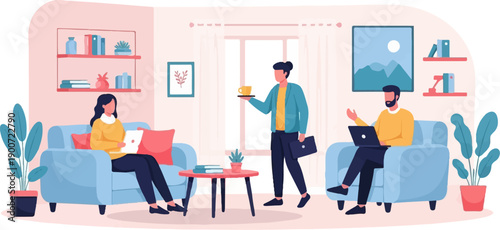 People working and socializing in a modern living room