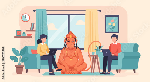 People working on laptops with a mythical monkey god