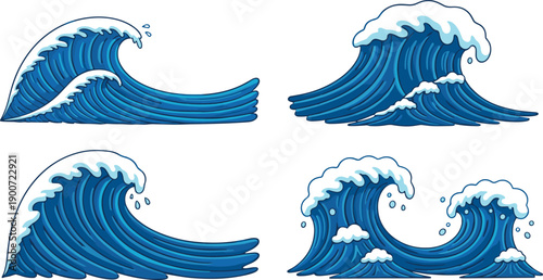 Powerful ocean wave vector set with foamy crests for sea surf and water design
