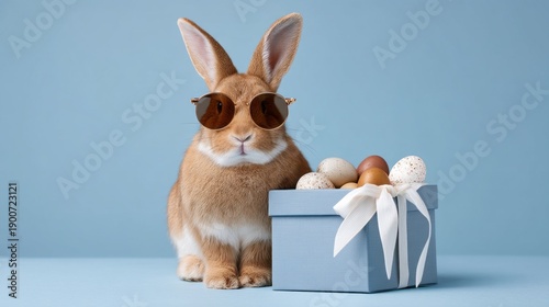 Wallpaper Mural A joyful rabbit sports stylish sunglasses while posing next to a beautifully wrapped gift box filled with colorful Easter eggs. This fun scene captures the spirit of Easter festivities Torontodigital.ca