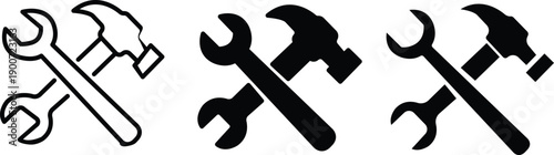 Crossed Hammer and Wrench Construction Repair Service Maintenance Tool Vector Silhouette and Pictogram Icon Set.eps