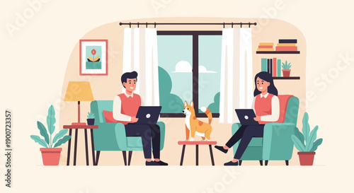 People working remotely from home with a dog in a living room