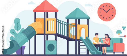 Play area with slide, people at a table, and a clock on wall