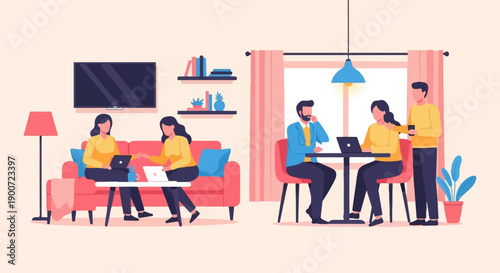 People working remotely from home and office spaces, using laptops and phones