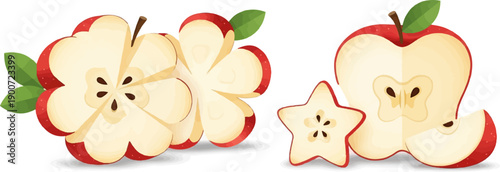 Sliced red apples, one cut into star shapes, with leaves