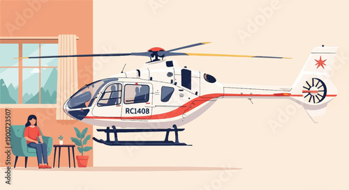 Person sits in armchair near window as helicopter approaches