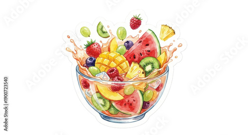 Vector watercolor sticker, bowl of mixed fruit cocktail, vibrant fresh colors,