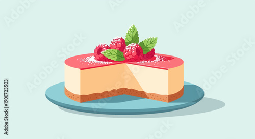 Slice of creamy cheesecake with raspberry topping and mint garnish