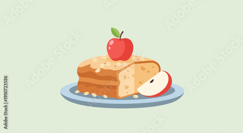Slice of apple bread on a plate with whole and sliced apples