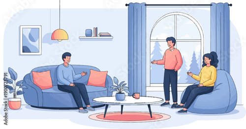 Three people casually chatting in a cozy living room with a winter view