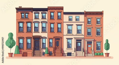 Row houses with windows, doors, and trees