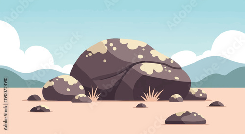 Rounded, moss-covered rocks rest on a sandy landscape under a pale blue sky