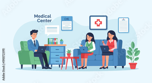 Three people collaborating on laptops in a calm medical office setting