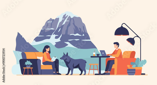 People working remotely with a dog, in front of a scenic mountain view