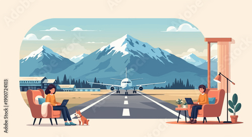 People working remotely with a plane on runway and mountains