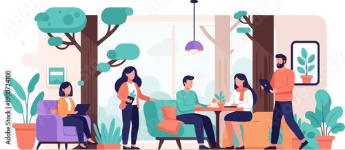 Stylized people interacting in a modern, plant-filled indoor space