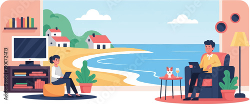 People working remotely with a serene beach backdrop, a dog and drinks nearby