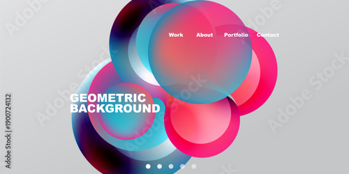 Abstract design features vibrant overlapping circles. Text includes work, about, portfolio, contact, geometric background. Simple dots indicate navigation.