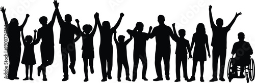 Diverse group of people celebrating together with raised hands including wheelchair user symbolizing unity inclusion happiness and community support