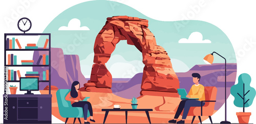 People working remotely with a stunning natural arch formation as backdrop