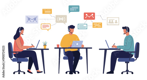 Illustration of three customer service representatives working in an office setting using laptops