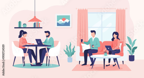 People working and relaxing in a bright, modern living space