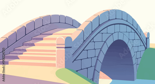 Stylized stone bridge with archways and steps bathed in warm light