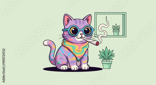 Psychedelic cat wearing glasses and bandana, smoking a joint