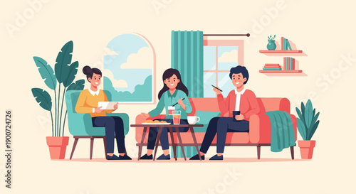 Three people in a cozy living room, chatting and enjoying snacks