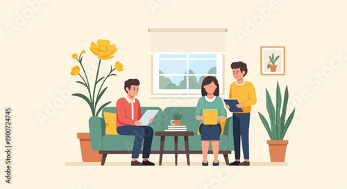 Three people in a casual living room setting, engaged in conversation and reviewing documents
