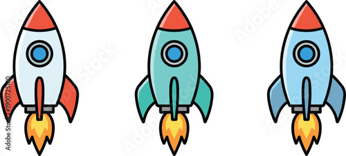 Colorful rocket icons set representing startup launch innovation space technology business growth success vector illustration flat design