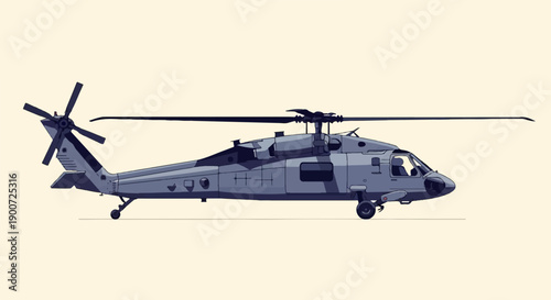 Side view pixel art of a gray military helicopter with spinning rotors on a light background