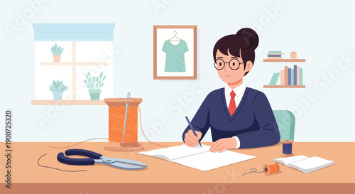 Person at a desk sewing and designing, with plants and books