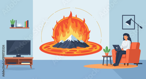 Person working on laptop near a surreal fiery mountain landscape