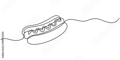 One line continuous hot dog fast food symbol concept. Silhouette of buns with sausage and mustard unhealthy snack. Digital white single line sketch drawing vector illustration