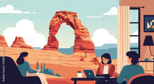 People work remotely in a desert landscape with natural rock formations
