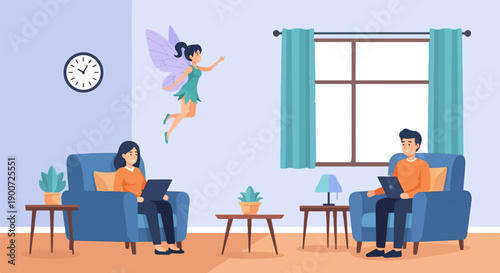 People work on laptops while a fairy flies in a cozy room