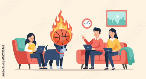 People work on laptops while a dog balances a flaming basketball