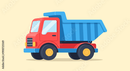 Red and blue toy dump truck with yellow wheels on a light yellow background