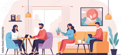 People work on laptops in a cozy living room setting