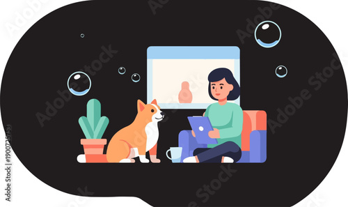 Person works on laptop with dog nearby in a surreal bubble-filled scene